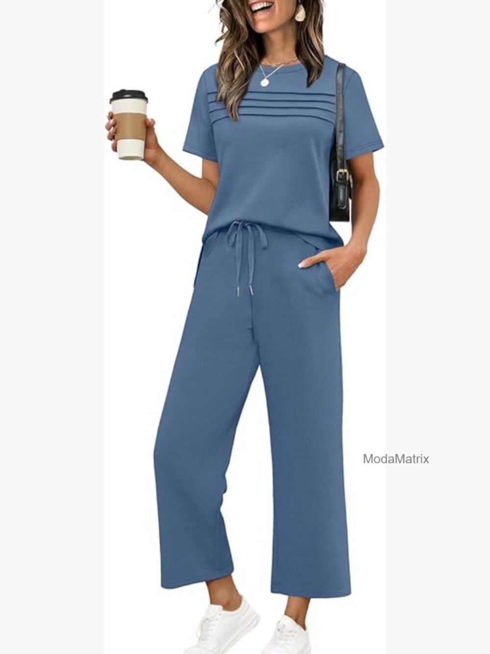 Two Piece Lounge Set Short Sleeve Top Wide Leg Pants with Side Slit S-3XL